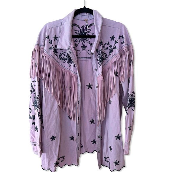 Free People Great Plains Fringe Denim Top Lilac Embroidered western shirt L - Picture 5 of 8